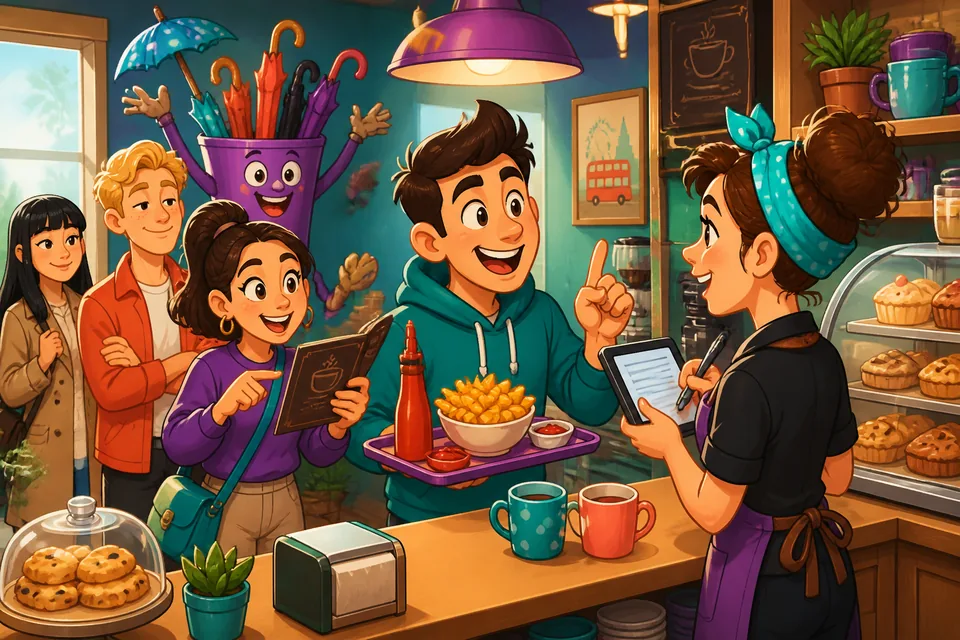 A friendly café counter scene: asking for the menu and choosing what to order in Spanish.