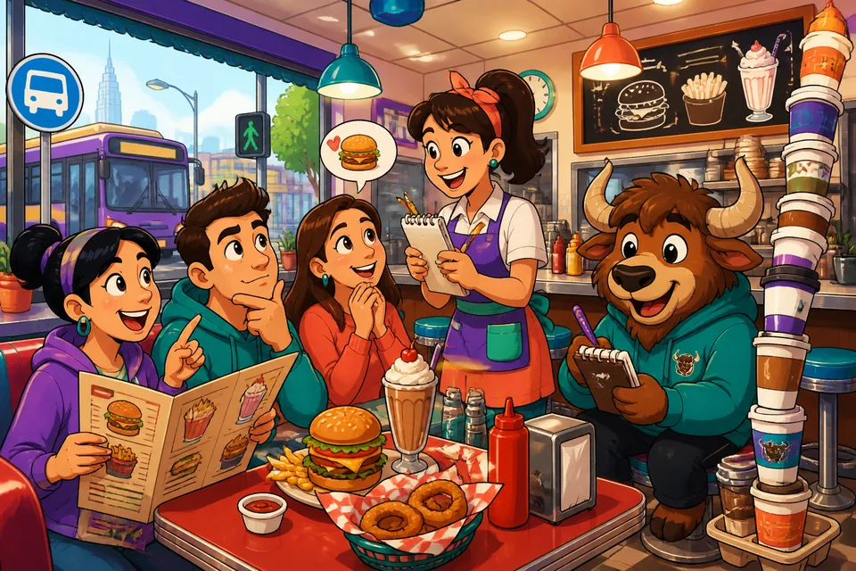 Two friends deciding what to order at a small restaurant — ordering food vocabulary in Spanish.