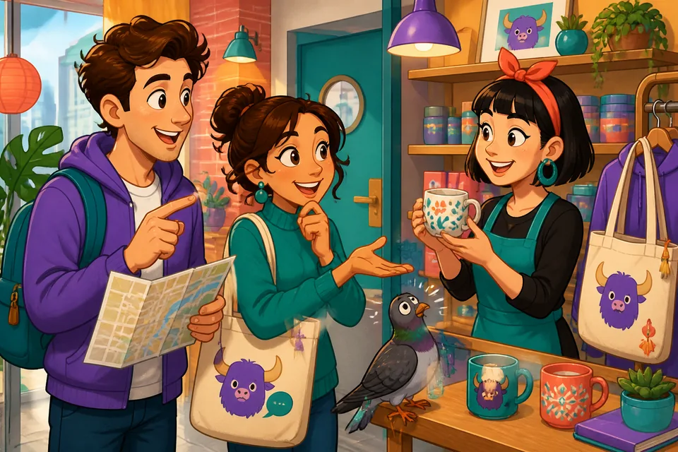 A friendly shop interior where a shopper is asking where to find items and checking prices in Spanish.