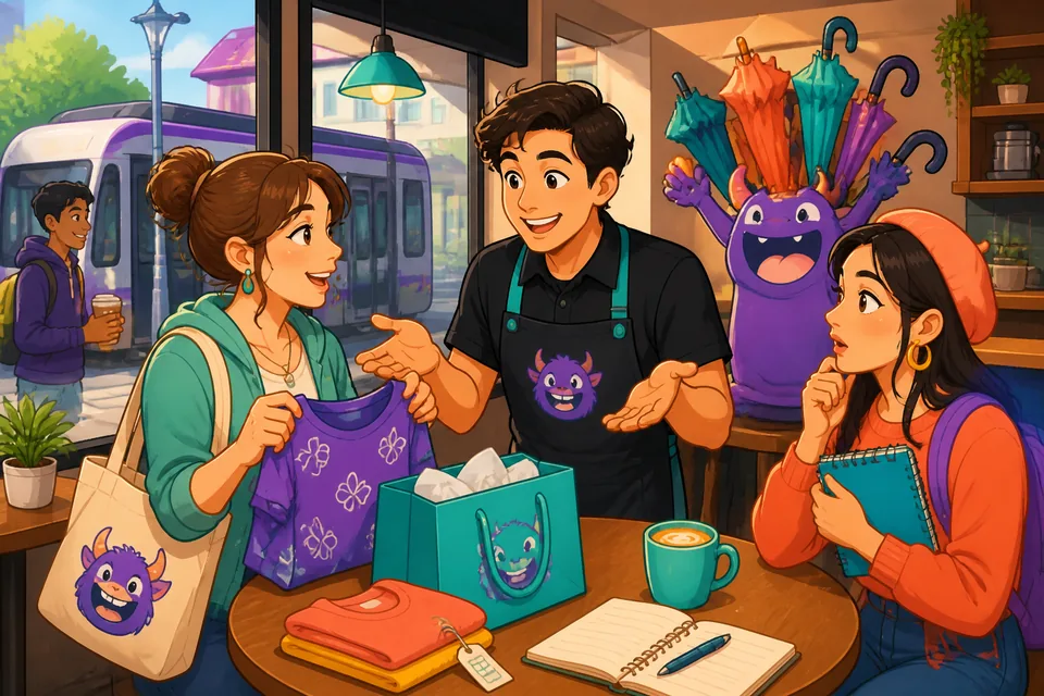 A friendly store scene for Spanish learners: asking about returns, sizes, price, and availability.