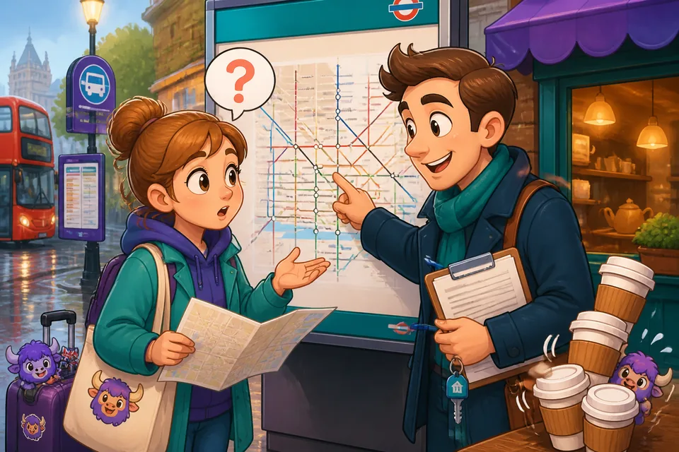 Anna and David talking in Spanish on a busy street while using short direction phrases like 'Sigue derecho' and 'Da vuelta a la izquierda'.