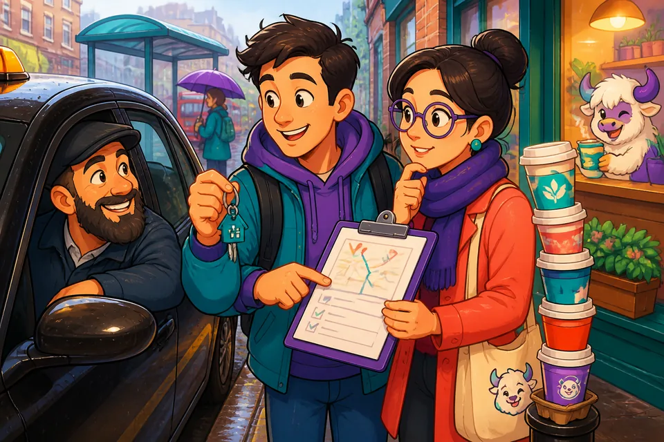 A friendly scene of two people on a corner practicing simple Spanish phrases to ask how to get to a museum and a station.