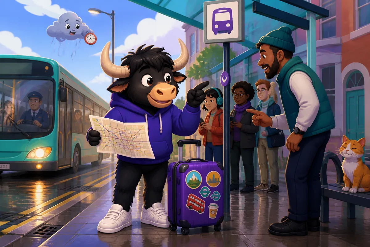 People at a train station buying tickets and checking departure boards — Spanish public transport phrases for learners.