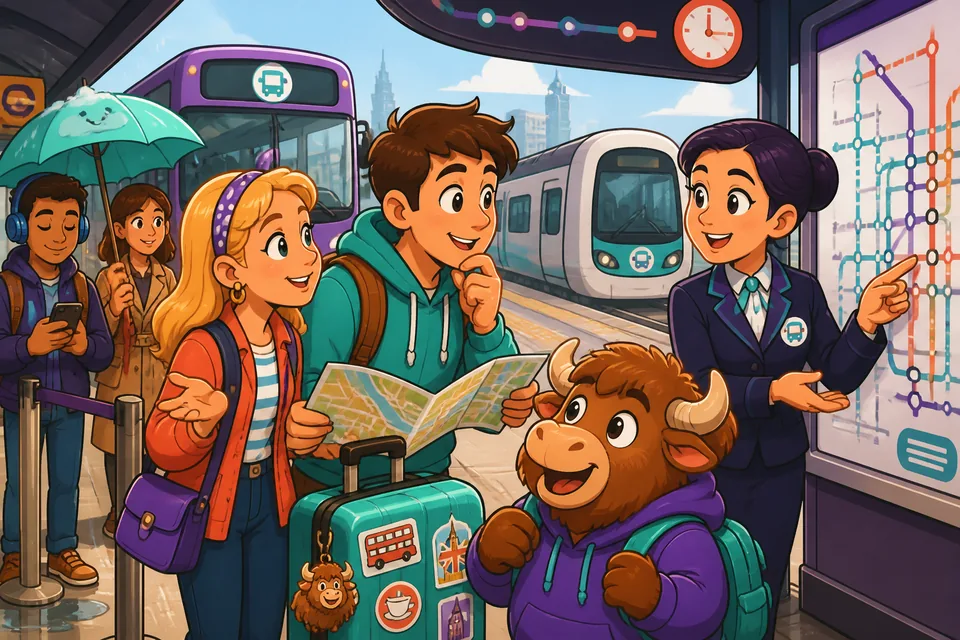 A traveler asks for directions at a bus stop — practicing questions like which bus and where to get off in Spanish.