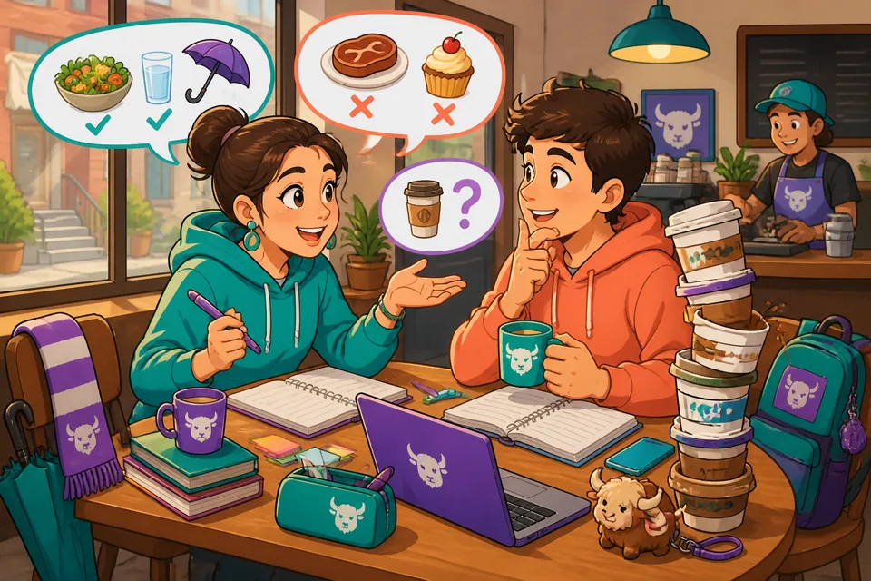 Two friends in Spanish deciding what to eat and asking each other what they want and need.