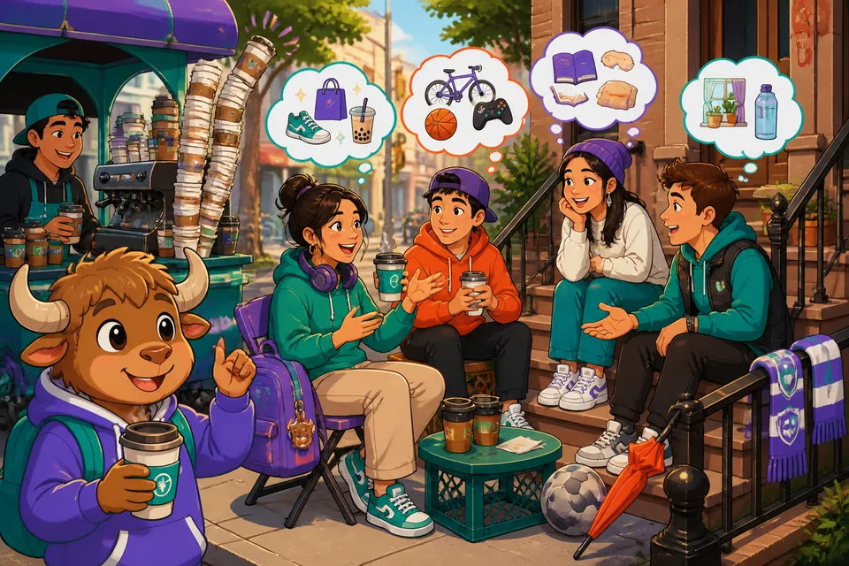 A friendly shop and a café where people use 'Quiero', 'Necesito', and polite requests in Spanish.