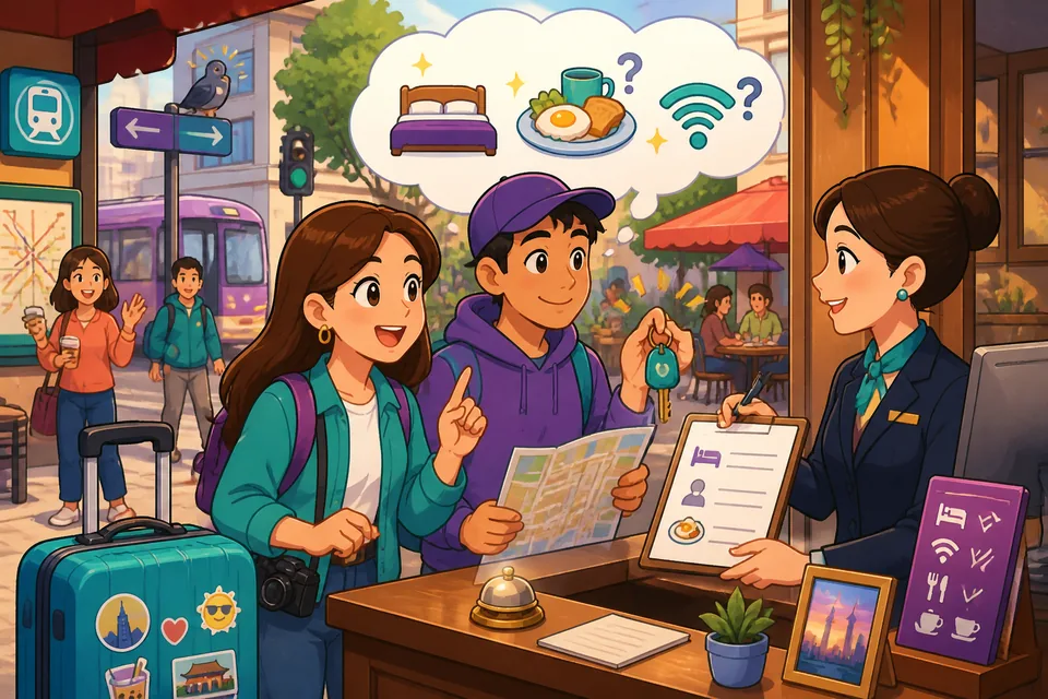 A short conversation at a hotel desk: key phrases such as reservación, registrarme, and contraseña del wifi.