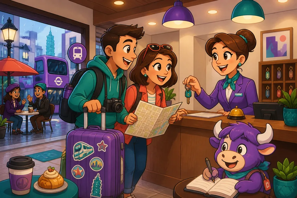 Hotel reception scene showing common phrases for reservations, check-in and asking about breakfast in Spanish.