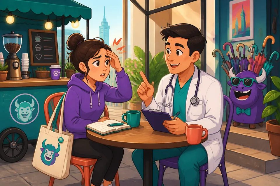 Close-up of a short doctor–patient conversation in Spanish about symptoms and recovery time.