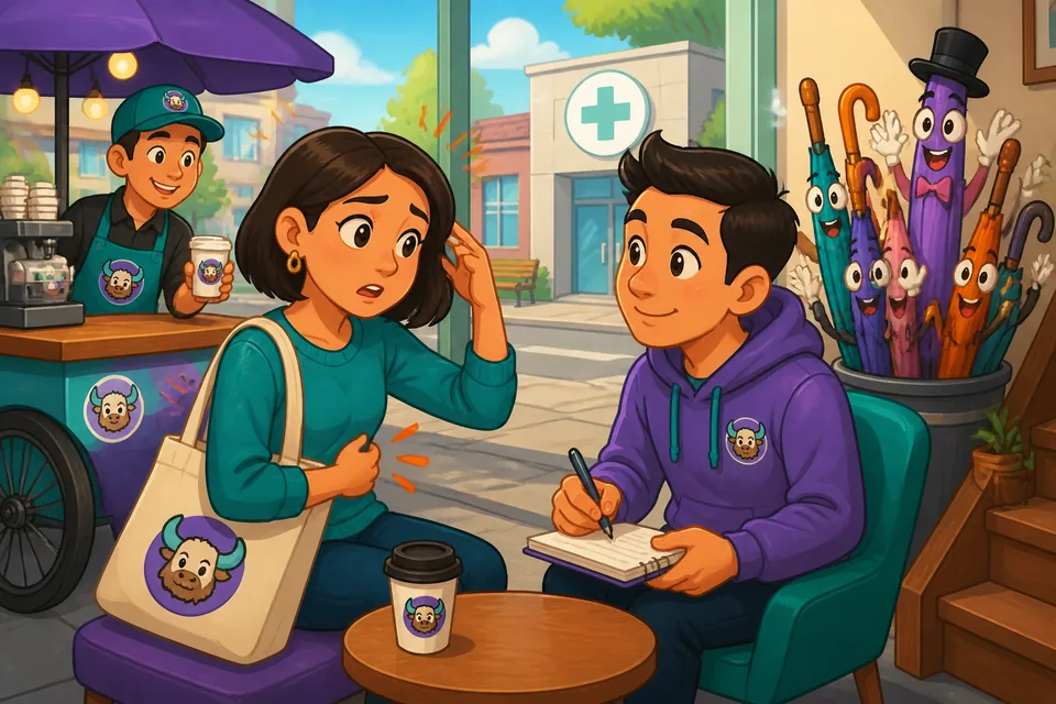Patient and doctor in a clinic: practicing Spanish phrases to explain pain and ask about medicine.
