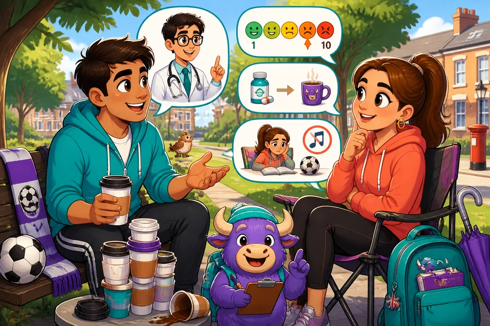 Two people practicing a short doctor-patient dialogue in Spanish about pain level and next steps.