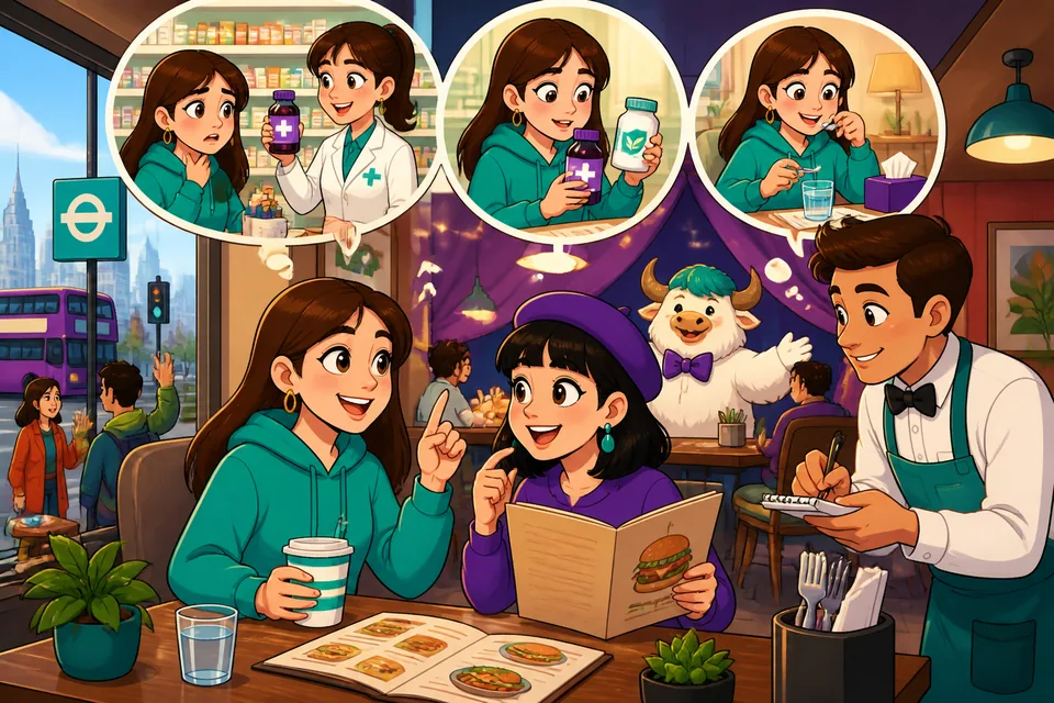 Two people at a pharmacy using Spanish phrases to ask about symptoms, dosage and safety—a short, realistic conversation.