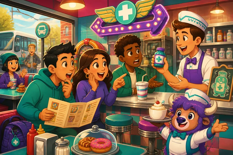 A friendly pharmacy counter scene illustrating common Spanish questions for medicine, useful for English speakers practicing Spanish.