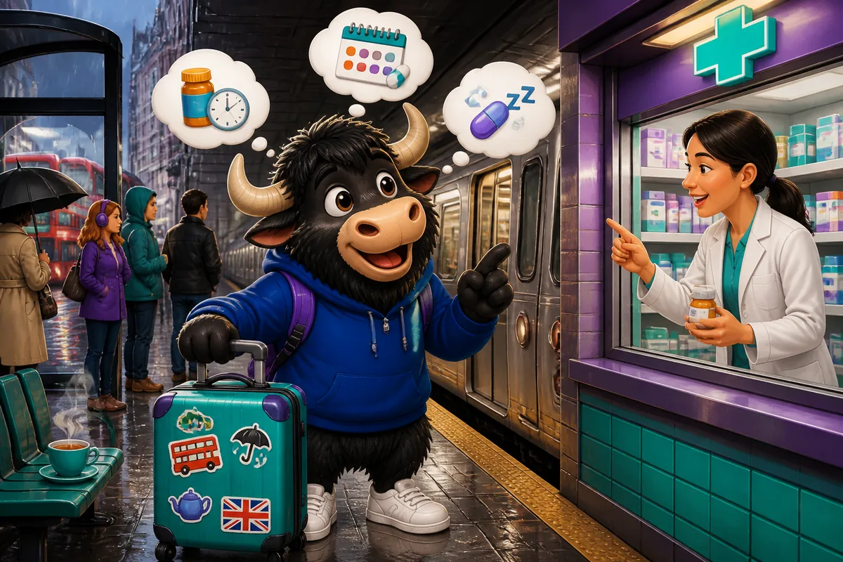 Learner at a pharmacy counter practicing Spanish phrases about prescriptions and doses.