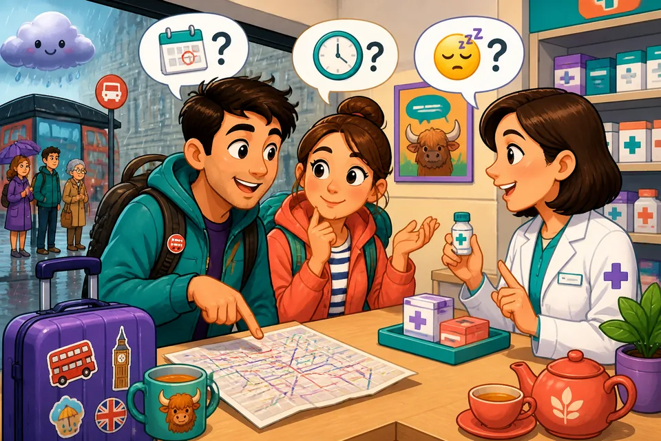 Two people at a pharmacy counter practicing questions like '¿Por cuánto tiempo debo tomarlo?' and '¿Esto me puede dar sueño?'