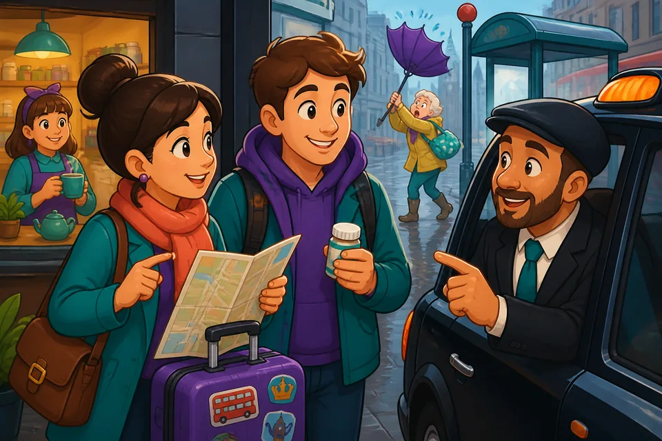 A friendly pharmacy scene for A2 learners asking about refills, side effects, and storage.