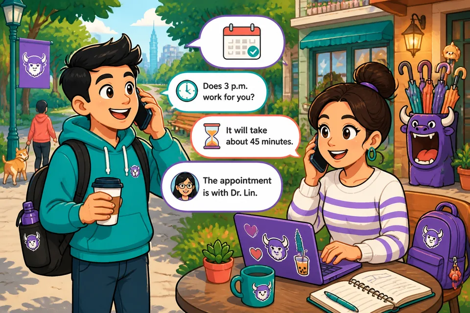 Two people on a phone call checking an appointment time and asking practical questions in Spanish.