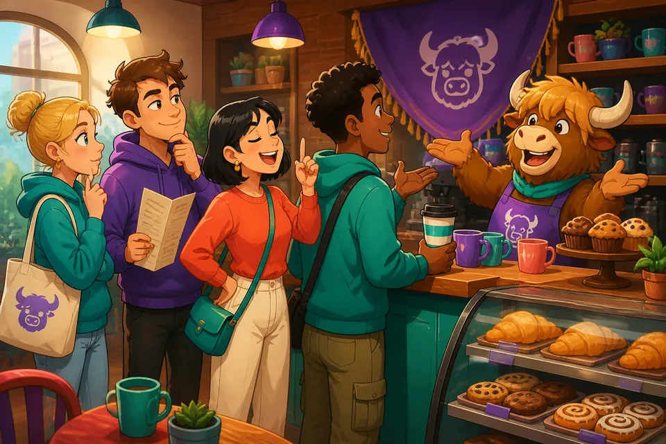 Market scene showing a buyer choosing an item politely in Spanish — practicing wants and needs phrases.