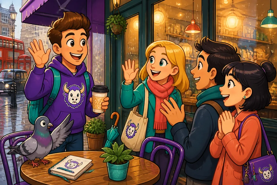 A friendly introduction scene showing people saying ‘Mucho gusto’ and 'Soy de...' while learning Spanish phrases.