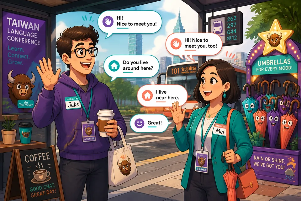 Anna and David talking at a conference using Spanish introduction phrases: preferred name, reason for being there, and staying in touch.