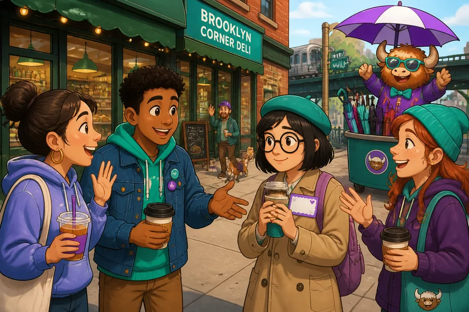A friendly meetup scene where learners practice asking 'Do you live around here?' and 'What do you do?'.
