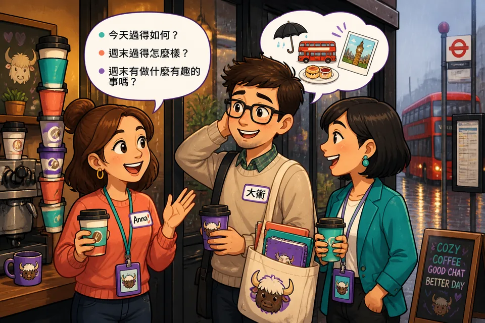 Anna and David talking in Spanish by the coffee machine, using workplace small talk lines from the lesson.