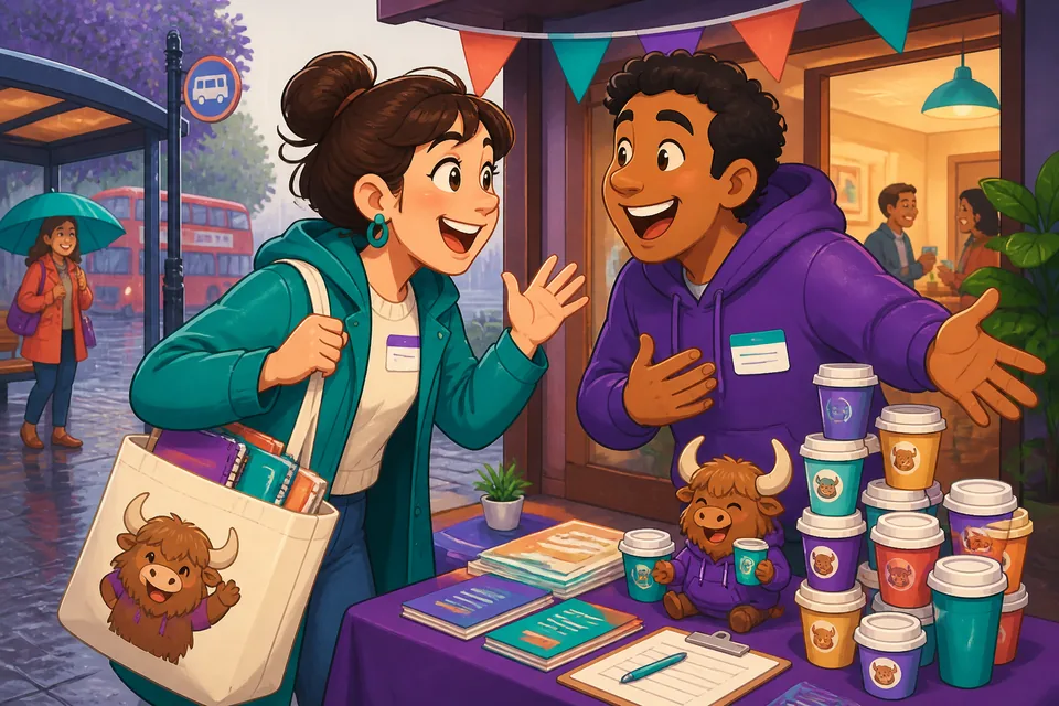 A casual office hallway scene showing coworkers exchanging quick Spanish phrases about breaks and coffee.