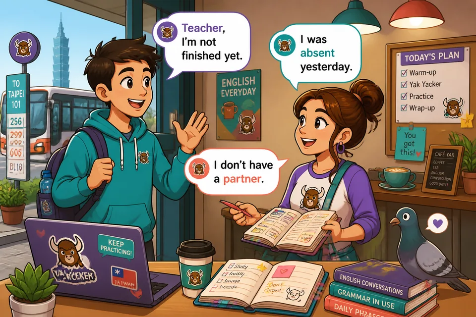 Two students talking before class using common classroom lines in Spanish such as borrowing items and explaining absences.