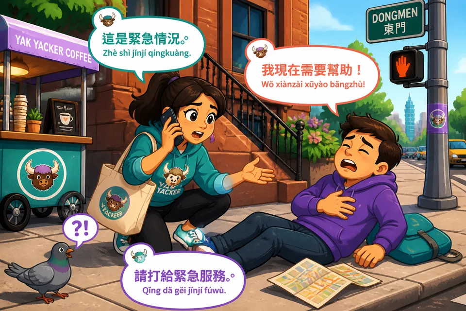Anna and David exchange short Spanish lines: saying there is an emergency, someone is hurt, and calling for help.