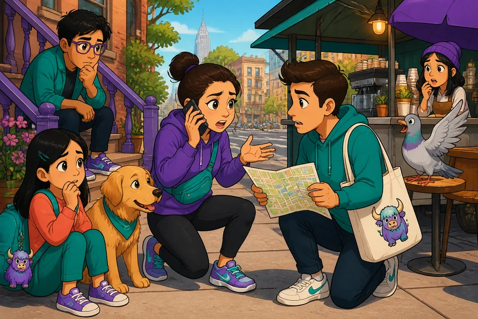 Two people in a street scene using Spanish emergency phrases: reporting an injury and asking for help.
