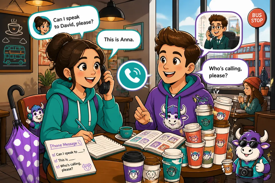 Two people on a short Spanish phone call practicing asking who is calling and leaving a message.