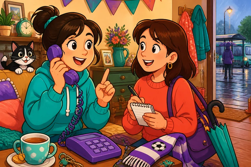 Two people on a phone call practicing asking when someone will return and leaving a message.