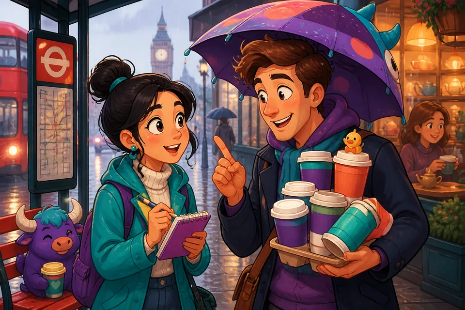 A casual café scene showing friends using polite Spanish expressions to ask for attention and decide plans.