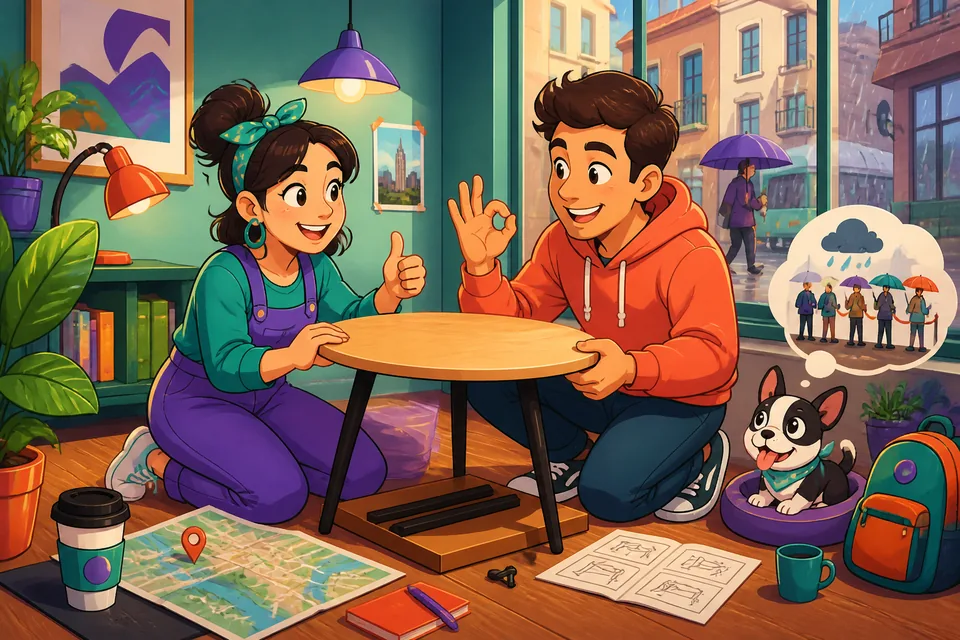 Anna and David arrange a table and use the phrases to confirm placement — helpful for English learners practicing Spanish agreement phrases.