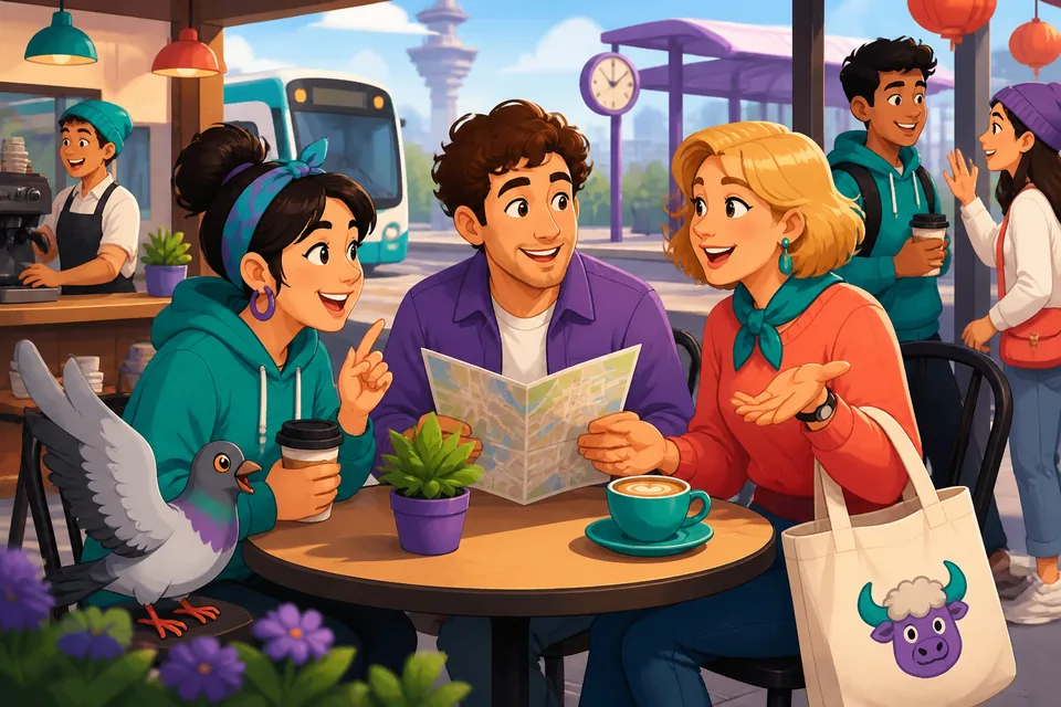 A friendly scene showing two people using casual Spanish phrases to ask for a moment or give permission.