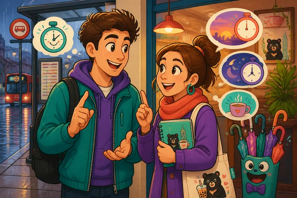 Close-up of Anna and David planning a meet-up, using phrases like 'Ahorita no puedo' and 'Llego en 10 minutos.'