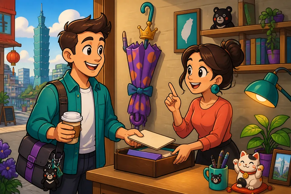 Two people discussing where to put a document; one says Lo guardo aquí. A useful scene for beginner Spanish learners.