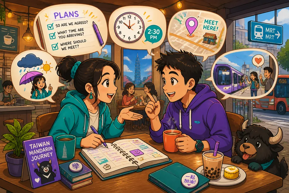 Anna and David checking time and place in Spanish to plan their meetup.