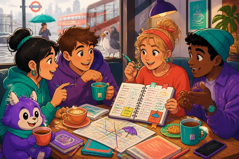 A casual café meetup scene illustrating where and when to meet in Spanish.