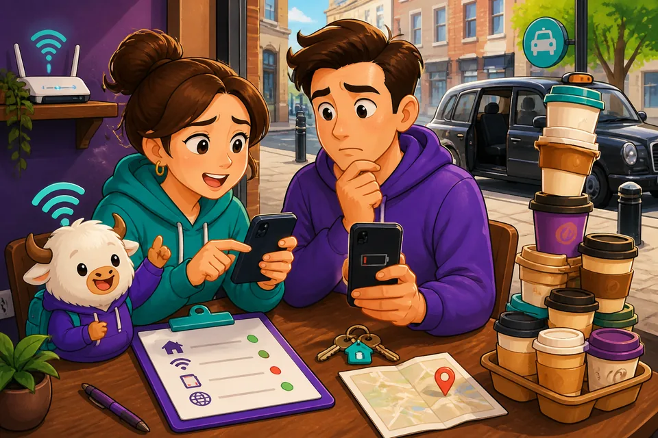 Anna and David chat about Wi‑Fi, a lost connection, and a frozen app using the lesson phrases.