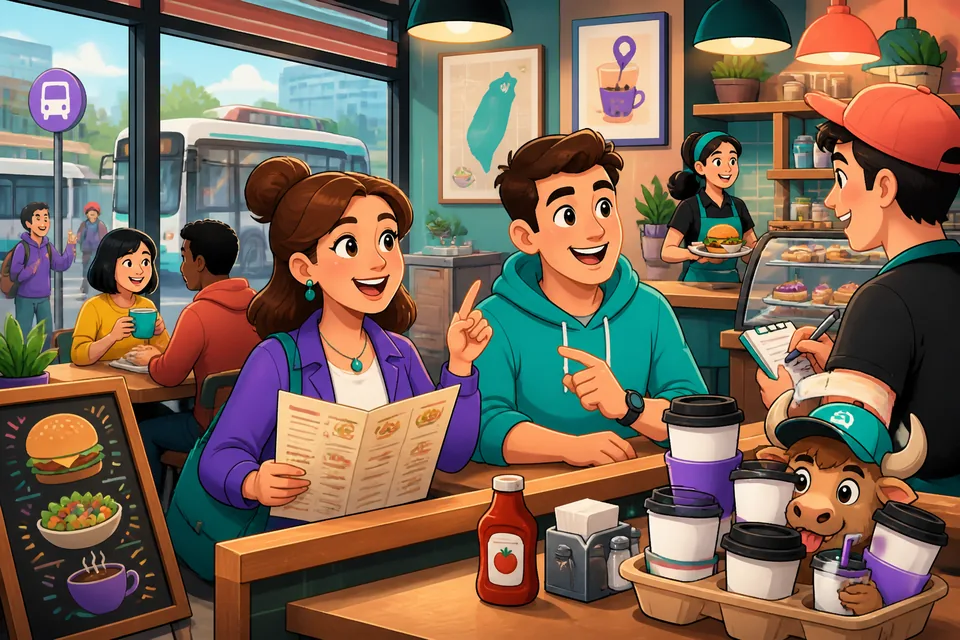 Two friends in a busy café use key phrases: asking for a table, saying 'para comer aquí' or 'para llevar', and asking for the check.