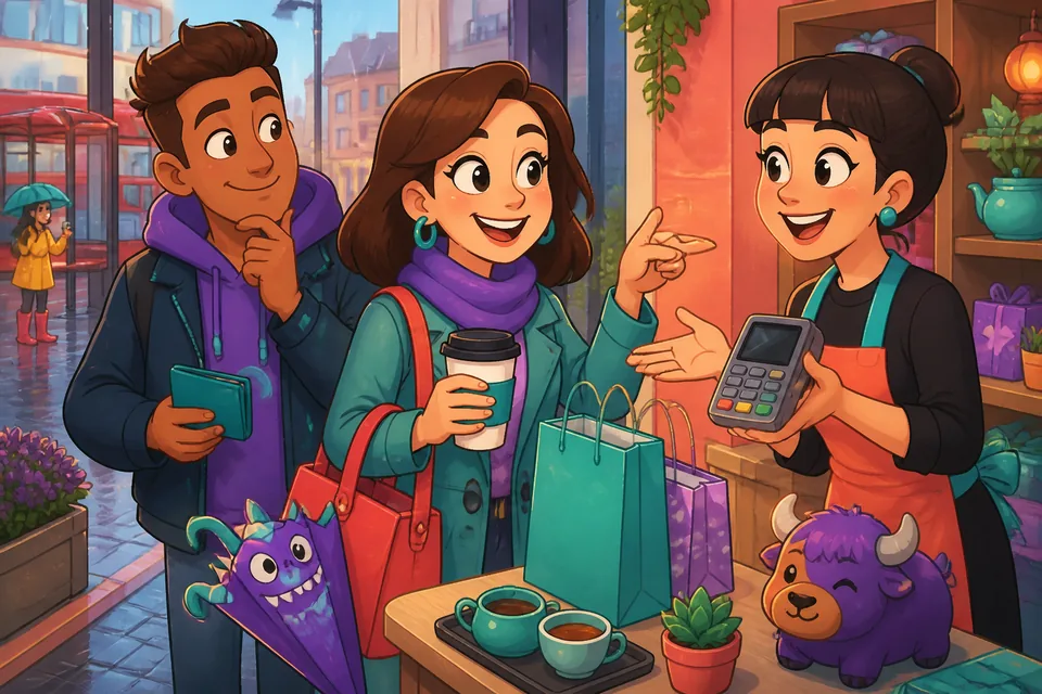 A friendly shop counter scene where a customer asks if the store accepts card or cash — Spanish shopping expressions.