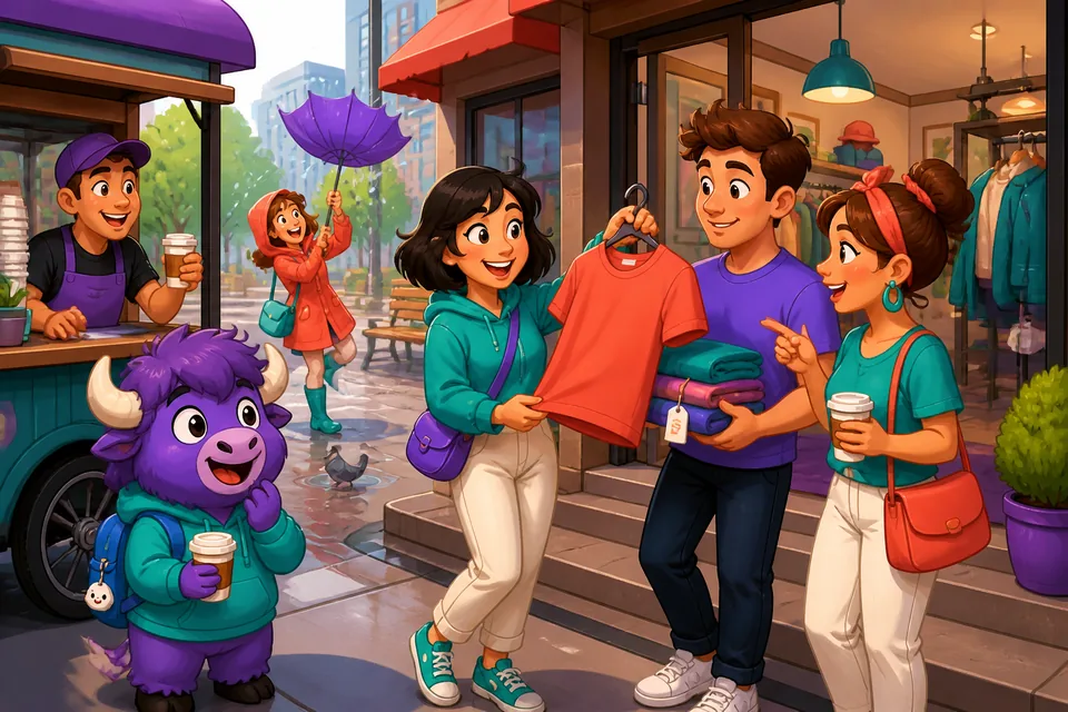 A friendly shop scene where a customer asks about sizes and colors while practicing Spanish shopping phrases.