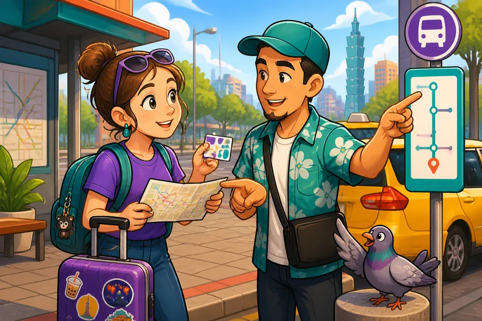 Two travelers asking about where to get off and whether a place is nearby — listening practice for travel.