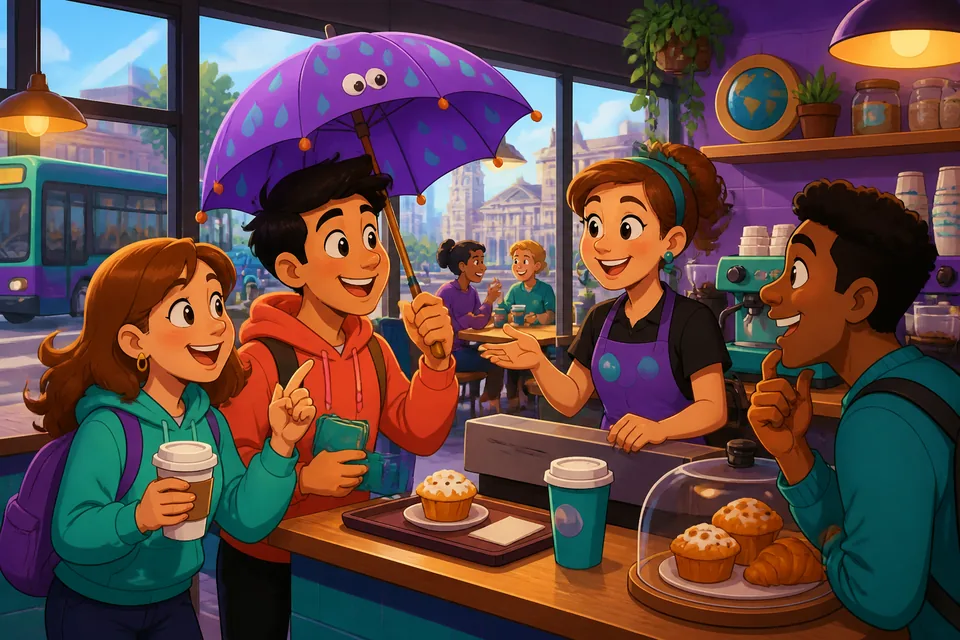 A market scene where a shopper asks '¿Cuánto cuesta?' and a vendor answers, showing price and quantity language.