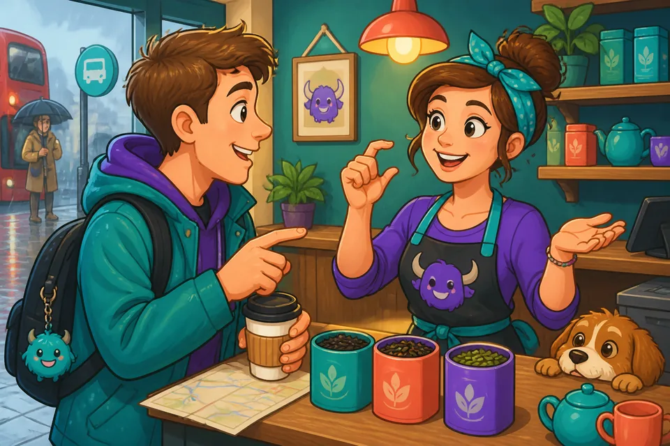 Two people at a café counter using Spanish phrases to confirm a price and a payment method.