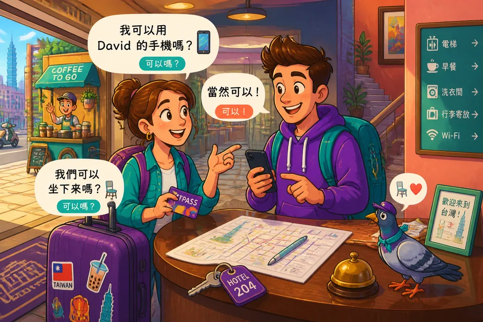 Anna asks to use a phone and David answers — a short permission dialogue in Spanish.