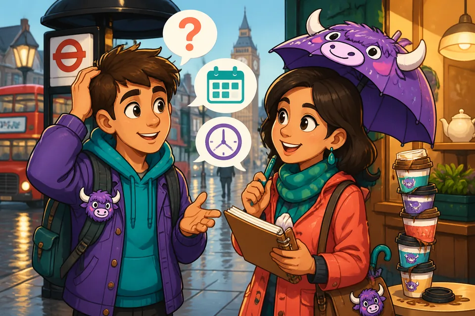 Two people talking about meetings and words in Spanish; practice asking when and what time events happen.