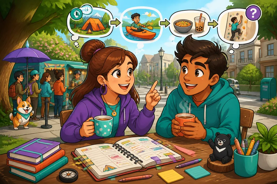 Close-up of a short Spanish conversation where one person asks follow-up questions about an event.