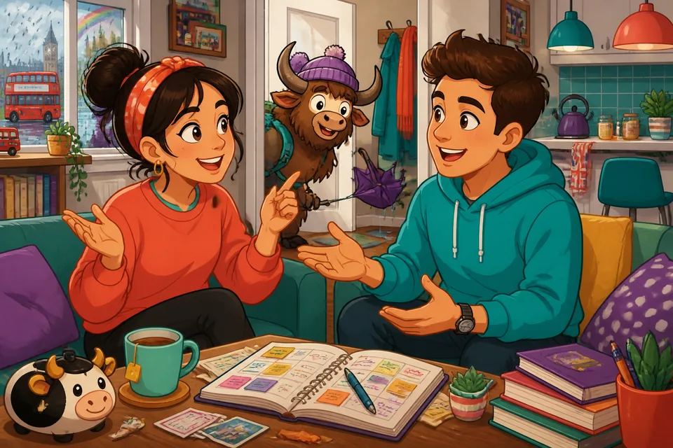 Two friends chatting in Spanish; the scene highlights asking about what happened next and why.